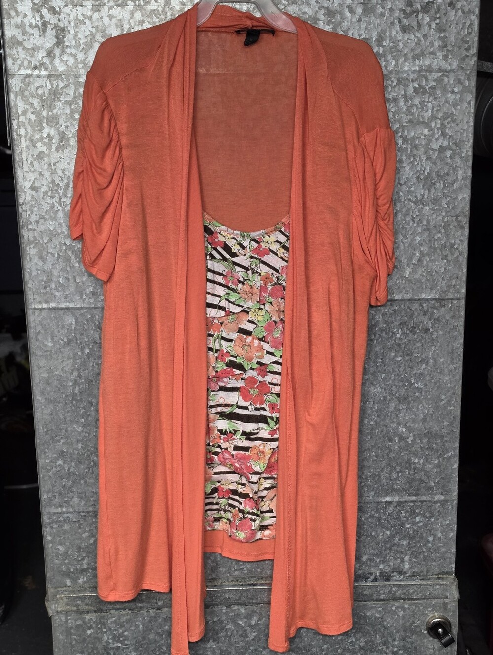 AGB Orange Knit Floral 2 in 1 Cardigan Blouse Womens Medium